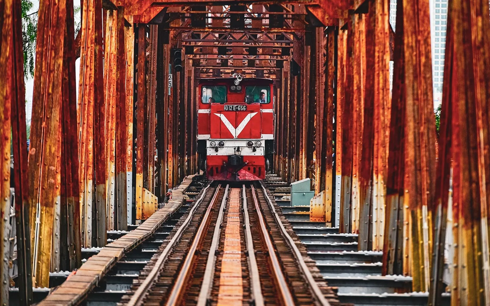 Train, railway and iron bridge