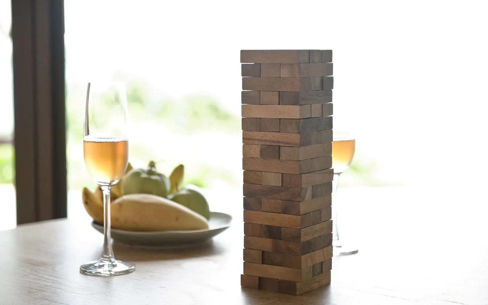 Jenga, cocktail and table